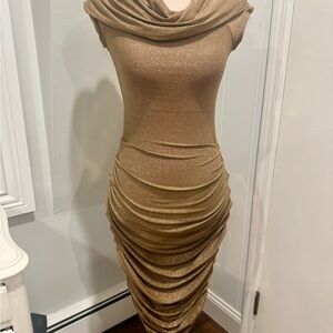 Rare Butter by Nadia Tarr Elegant Gold Draped stretch Dress. One size dress.